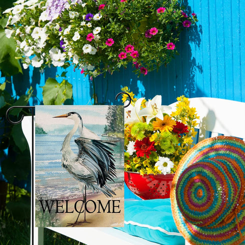 Welcome Spring Summer Seabird Coastal Beach Small Decorative Garden Flag, Blue Heron Yard Bird Sea Lake Ocean Home Outside Decoration, Nautical Tr...