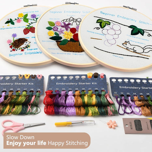 Dortusen 3 Sets Embroidery Kit for Beginners Adults Learn Different Stitches DIY Kits Includes Embroidery Tools Easy to Follow Instruction Embroid...