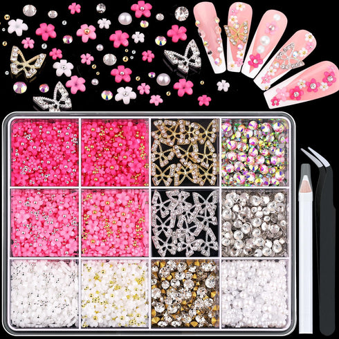 3D Nail Charms and Gems Set 1, 20PCS Gold and Silver Chunky Butterfly Nail Charms with Rhinestones, 3D Flowers for Nails, Flatback Crystals and Pe...