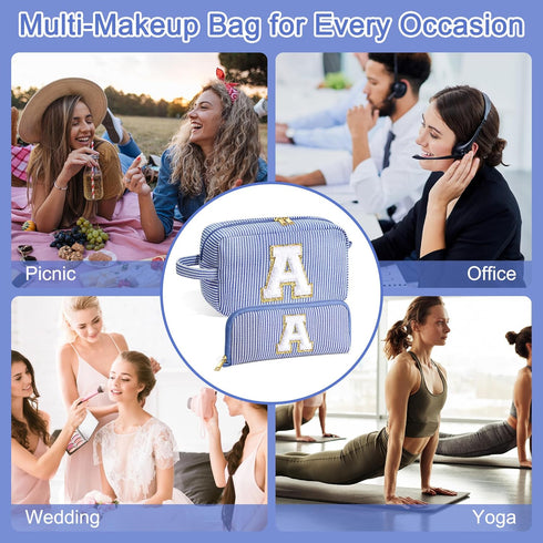 Makeup Bag for Women - Monogram Cute Initial Blue Makeup Bag Cosmetic Toiletry Pouch Make Up Case for Women Her Best Friend Friendship Sister Teac...