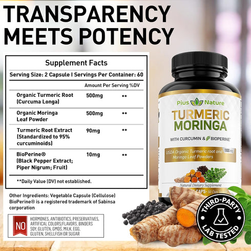 Turmeric Moringa - Organic Turmeric Curcumin Supplements and Organic Moringa Powder - 120 Veggie Capsules Supplement for Women and Men...