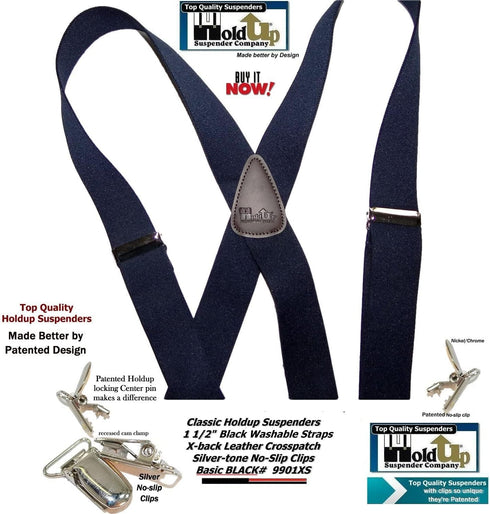 1 1/2" Wide Classic Series Holdups Suspenders for Men in X-back style w/USA Patented No-slip® Silver Clips...