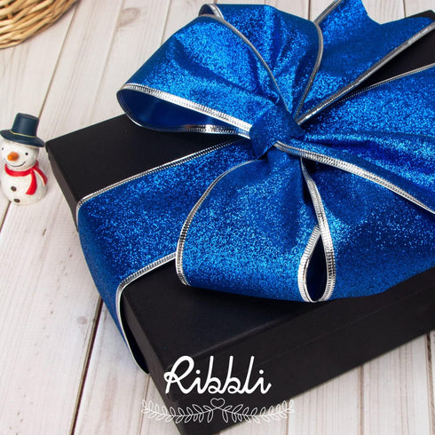 Ribbli Christmas Ribbon Wired Blue and Silver Christmas Tree Ribbon Blue Glitter Christmas Wired Ribbons for Tree, Crafts,Gift Wrapping, Wreaths, ...