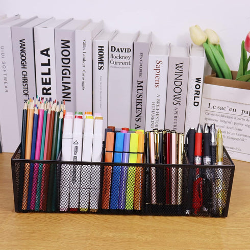 Black Mesh Pen Pencil Holder, Small Metal Desk Organizer Desktop Stationery Office Supplies Acessories Storage Stand, 5 Compartments Brushes Holde...
