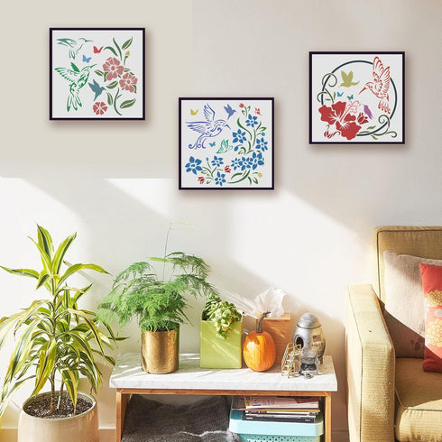 FINGERINSPIRE 4 Pcs Hummingbird Flowers Stencils 11.8x11.8inch Large Size Bird Floral Bee Dragonfly Butterfly Drawing Stencils Reusable Mylar DIY ...