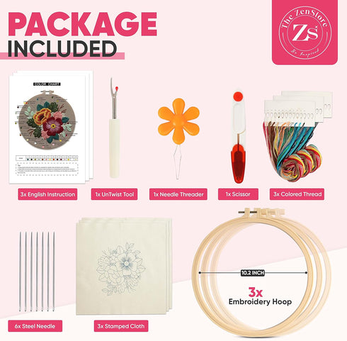 Embroidery Starter Kit for Beginners with Pretty Floral and Birds Patterns. Complete DIY, Includes 3 Hoops, 3 Stamped Patterns, Needles, Scissors,...