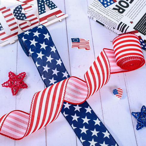 Whaline Patriotic Wired Edge Ribbon 2 Rolls Stars Stripes Craft Ribbon 4th of July USA Flag Fabric Ribbon for Independence Day Memorial Day Wreath...