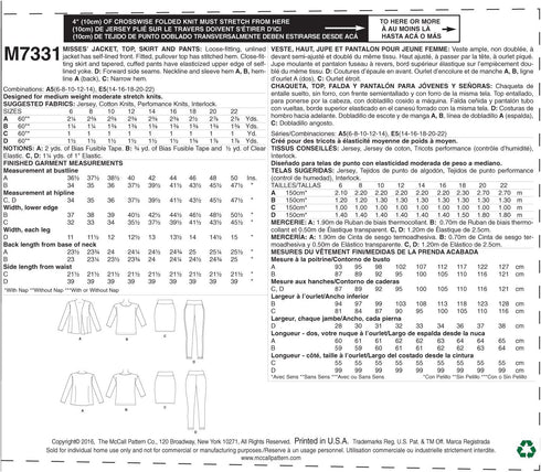 McCall's Patterns M7331 Misses' Jacket, T-Shirt, Pencil Skirt and Leggings, Size A5 (6-8-10-12-14)...