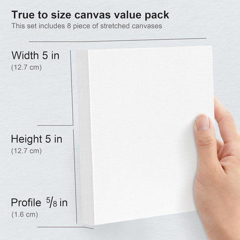 PHOENIX Small Stretched Canvas for Painting 5x5 Inch/8 Value Pack, 8 Oz Triple Primed 5/8 Inch Profile 100% Cotton White Blank Canvas, Square Fram...
