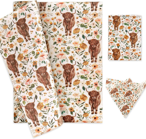 AnyDesign Boho Floral Highland Cow Tissue Paper 100 Sheet Watercolor Flower Art Tissue Farmhouse Cute Cow Wrapping Paper for DIY Crafts Gift Packi...