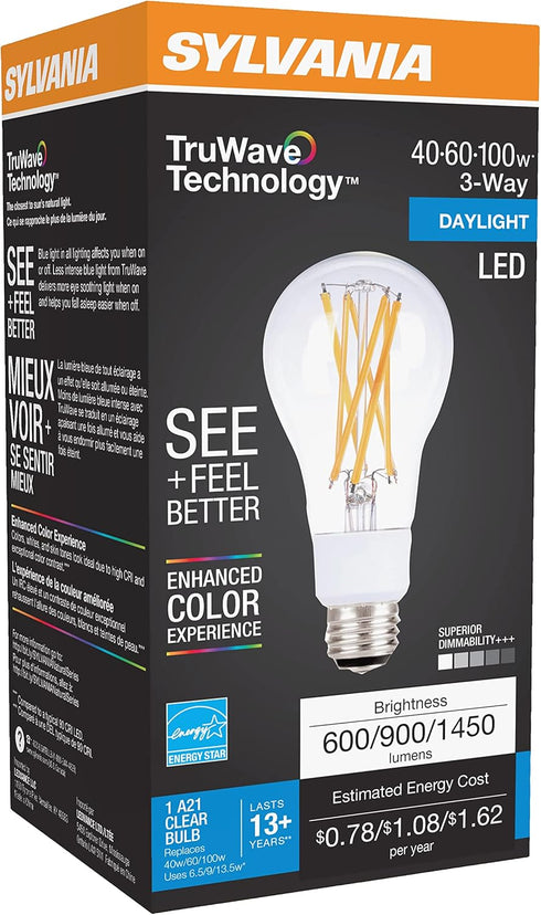 SYLVANIA LED TruWave Natural Series 3-Way A21 Light Bulb, 40/60/100W Equivalent Efficient 6.5/9/13W, Medium Base, Clear 5000K, 6.5 watts, Daylight...