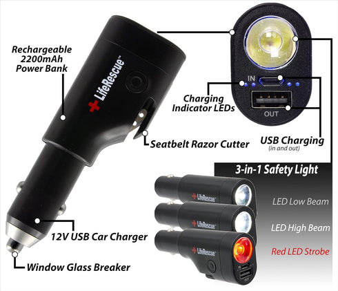 6 in 1 Auto Emergency Extraction Tool and LED Emergency Light - Seat Belt Cutter, Auto Glass Breaker, 3-Mode Security Flashlight & 2200 mAh Power ...