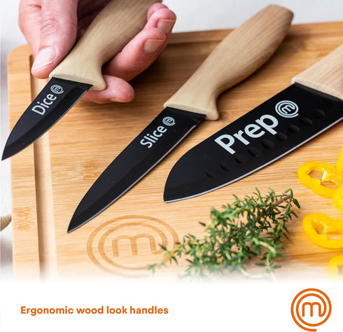 MasterChef Knife Set of 3 Kitchen Knives for Cooking (Chef, Paring & Utility), Professional Sharp Stainless Steel, Non Stick Blades & Soft Touch H...