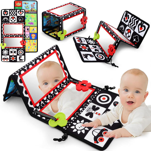 Tummy Time Floor Mirror with Teethers, Double-Sided Baby Mirror Black and White High Contrast Baby Toys for Babies, Baby Montessori Toys Crawling ...