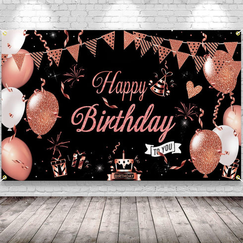KOKAR Happy Birthday Decorations Banner, Large Black and Rose Gold Happy Birthday Banner Sign, Happy Birthday Backdrop for Girls Women Birthday Pa...
