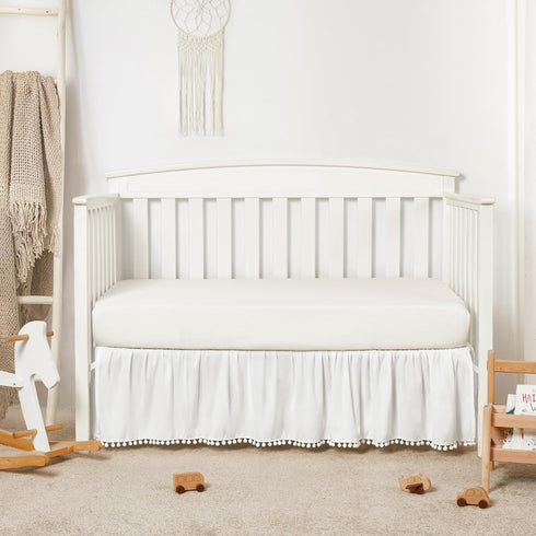 TILLYOU Baby Crib Skirt Girls Boys, Ruffled Bed Skirt with Pompoms, 28”x 52”, 14'' Drop, White...