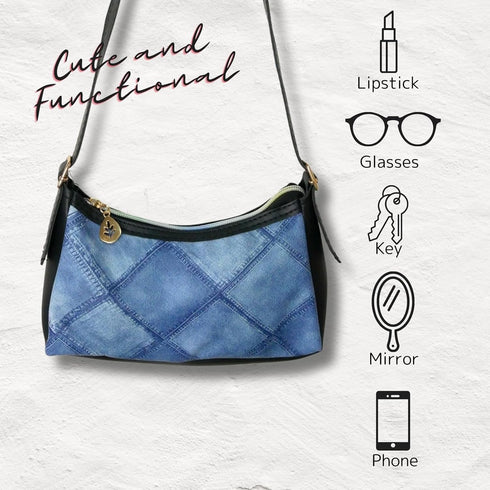 Faux Leather Mini Denim Printed Hobo Purse, Jean Pattern Casual Bag for Women, Lightweight Retro Shoulder Handbag...