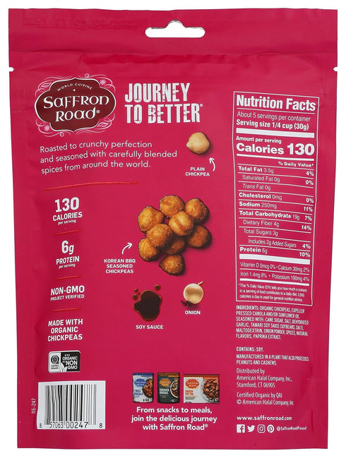 Saffron Road Korean BBQ Crunchy Chickpea Snack, 6oz - Gluten Free, Non-GMO, Halal, Kosher, Vegan...