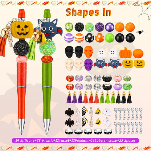 Tenceur 12 Pcs Halloween Plastic Beadable Pen Bead Ballpoint Pen Halloween Silicone Beads 105 Pcs Accessories DIY Black Ink Bead Pen Pumpkin Skull...