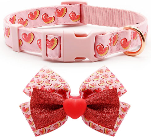 azuza Valentine's Day Dog Collar Removable Valentine Bowtie Dog Collar with Romantic Pink Sparkly Hearts Pattern Adjustable Spring Dog Collar Vale...