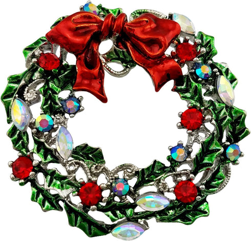 SELOVO Silver Tone Wreath Green Red Austrian Crystal Round Brooch Pin...
