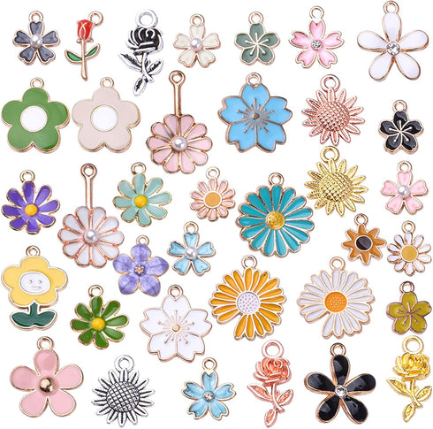 60pcs Mixed Enamel Flower Charms Alloy Sunflower Rose Flower Pendants Sweet Dangle Charms Jewelry Making Accessories for DIY Necklace Bracelet Ear...