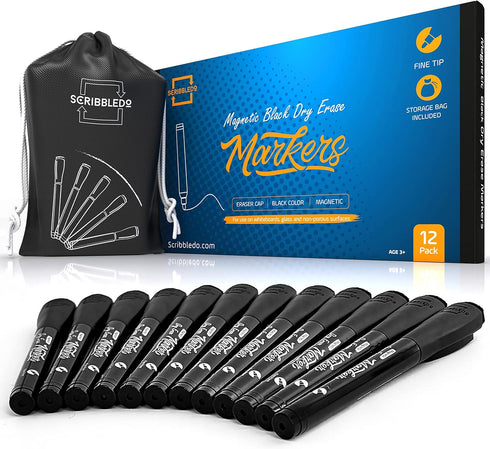 Scribbledo 12 Pack Magnetic Dry Erase Markers Black Fine Tip Whiteboard Markers with Eraser Cap Thin Low Odor Skinny White Board Markers for Adult...