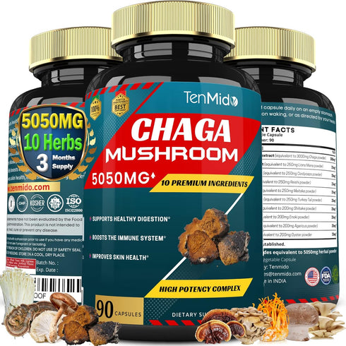 Chaga Mushroom Extract Capsules equivalent to 5050mg & Lions Mane, Cordyceps and More | Digestive Health, Anti-Aging, Immune Support | Energy Boos...