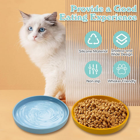 Silicone Cat Bowl Set of 2 Shallow Cat Food Dish 7in Wide Cat Plates Relief Whisker Fatigue Pet Feeding Bowls for Kittens Puppy Dog (Round Blue)...