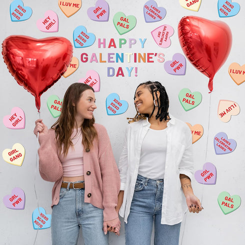83 Pcs Galentines Day Conversation Heart Cutouts Bulletin Board Candy Hearts Cutouts Border Galentines Classroom Decorations for Galentine's Party...