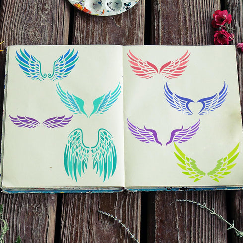 FINGERINSPIRE Angel Wings Stencils 11.8x11.8inch 8 Style Feather Wings Painting Template Reusable Fantasy Wings Decoration Stencil Wings Pattern S...