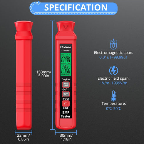 CAMWAY EMF Meter,Digital Electromagnetic Radiation Detector Handheld LCD EMF Detector, 1-1999V/M,0.01-99.99uT,EMF Reader with Flash Buzzer Alarm,f...