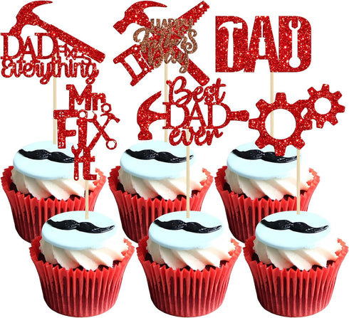 24 Pack Happy Father's Day Cupcake Toppers Tool Construction Red Glitter Best Dad Ever Dad Fix Everything Cupcake Picks for Happy Father's Day The...