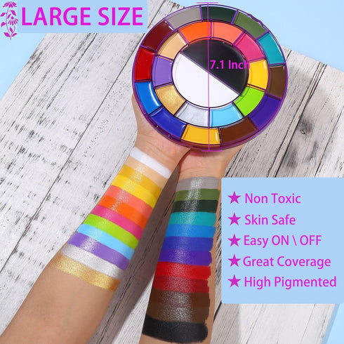 BOBISUKA Face Body Paint Palette Set, 24 Colors SFX Painting Makeup Kit + 10pcs Purple Artist Brushes, Large Black & White Pan, Neon Camo Oil Pain...