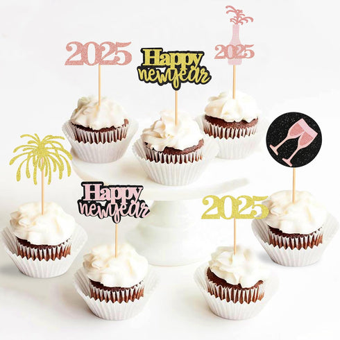 24 Pcs Glitter Rose Gold and Gold Happy New Year Cupcake Toppers 2025 Rose Gold,Gold and Black Cupcake topper Cheers to 2025 Cake Picks for New Ye...