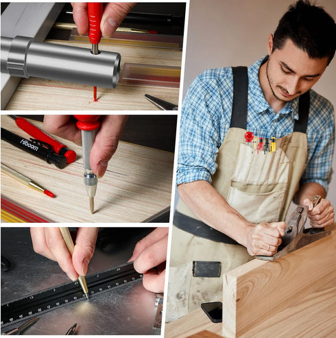 Hiboom 8 Pack Mechanical Carpenter Pencils Set with Center Punch, Carbide Scribe Tool, Solid Pencil Marker Tool with Built-in Sharpener, 21 Refill...