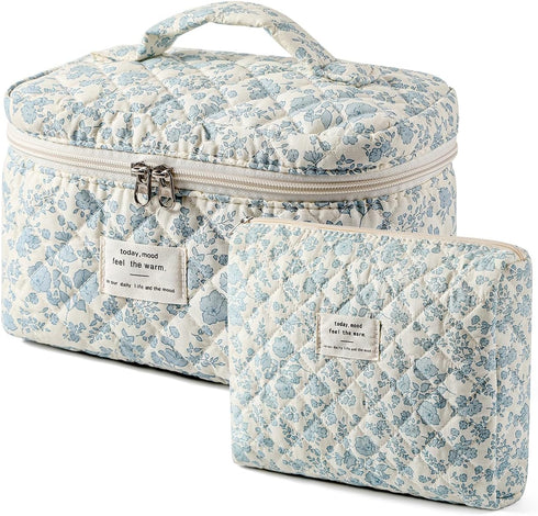 2 Pcs Large Quilted Makeup Bag, Cotton Quilted Toiletry Bag for Women,Floral Coquette Makeup Bag,Cute Kawaii Travel Cosmetic Bags(03Lightblue Flow...