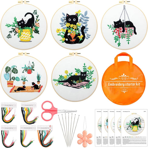 5 Sets Embroidery Starter Kit with Black Cat Patterns and Instructions, DIY Adult Beginner Cross Stitch Embroidery Kits, Including 2 Plastic Embro...