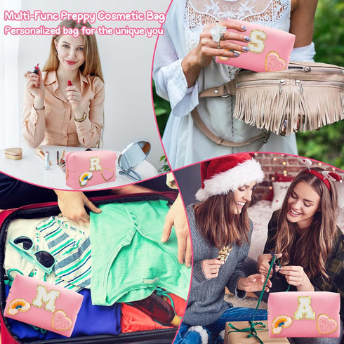 Personalized Inital Preppy Makeup Bag Set with Zipper, Monogram Waterproof Travel Cosmetic Bag for Women, Cute Preppy Patch Toiletry Bag for Trave...