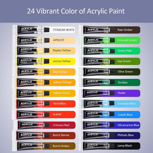 Acrylic Paints Set - 24 Colors Art Painting Kit Supplies for Wood, Canvas, Fabric, Rock, Glass - Non-Toxic Acrylic Paint for Kids, Beginners and A...