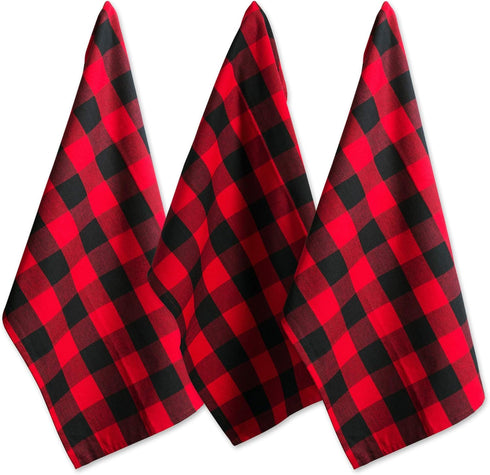 DII Buffalo Check Kitchen Collection, Classic Farmhouse Dishtowel Set, 20x30, Red & Black, 3 Piece...