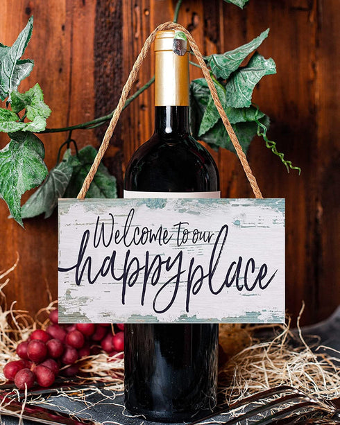 Welcome to our happy place sign decor 6"x12" Wood Hanging Décor for front door home sign...