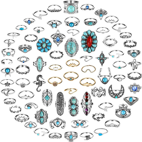 78 Pcs Vintage Turquoise Rings Set Women Western Rings Bohemian Silver Oval Gemstone Rings Boho Joint Knuckle Rings Midi Stacking Rings for Women...