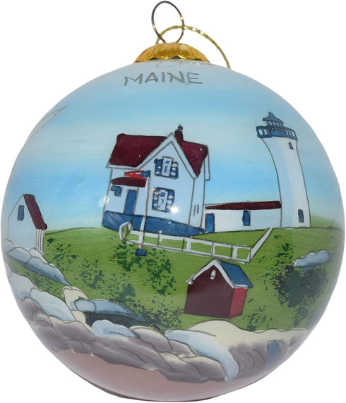 Blown Glass Christmas Ornament | Nubble Lighthouse Maine | Hand Painted Inside | Original Art | Includes Gift Box...