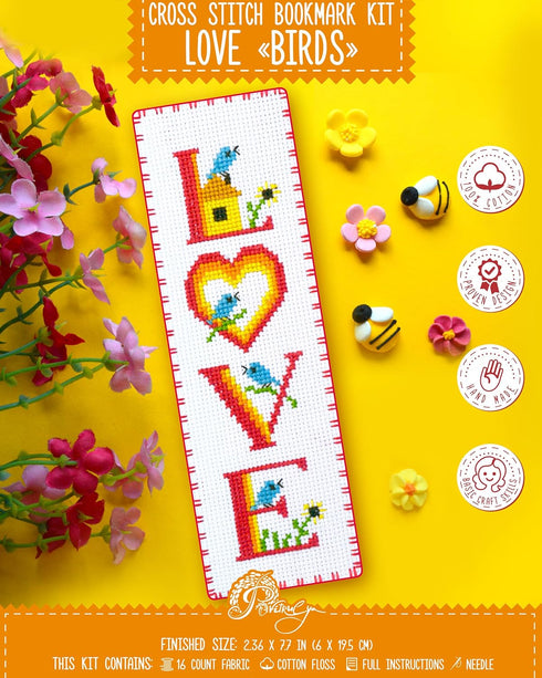Povitrulya Love 'Birds' Counted cross Stitch Bookmark Kit - Valentine's Day DIY Embroidery set for Adults with Paper pattern, 16-count Aida Canvas...