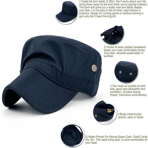 Hidden Pocket Cadet Army Hat Quick Dry Military Style Flat Top Baseball Dad Sun Cap...