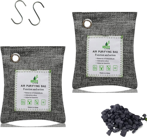 Bamboo Charcoal Bags Odor Absorber, 2 Packs 100g Charcoal Deodorizer Bags with Hooks, Nature Bamboo Charcoal Air Purifying Bags Activated Charcoal...