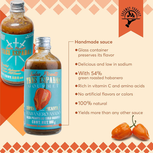 Tres Espadas | Habanero Hot Sauce | Habanero Pepper | Mexican Gourmet Recipe | Hot Sauce Bottle 3.5 fl oz | Orange Roasted Habanero Flavor...