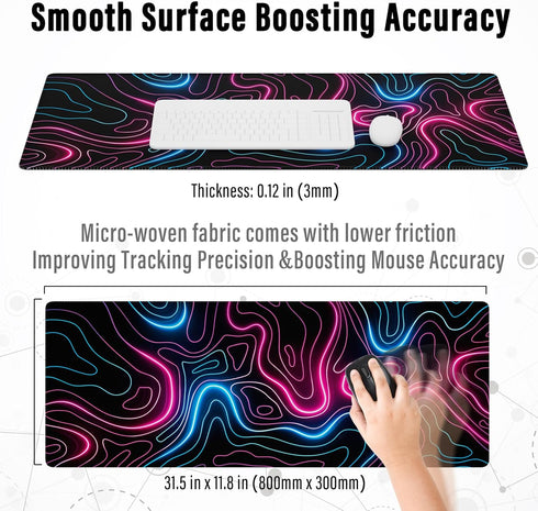 Ovenbird Gaming Mouse Pad with Stitched Edges, Topographic Map Pink Mouse Pad, Extended XL Mousepad with Anti-Slip Base, Cool Neon Large Mouse Pad...