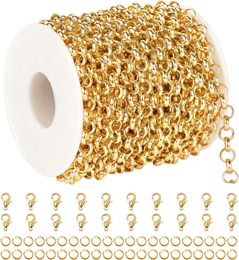 YOUBEIYEE 10 Meters Gold Plated Chain for Jewelry Making, Aluminum Rolo Necklace Chain for Men and Women Lightweight Craft Chain Roll...